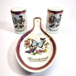 VTG Spoon Rest Salt Pepper Shakers Set Butterfly Cottage Core Grandma Newport RI